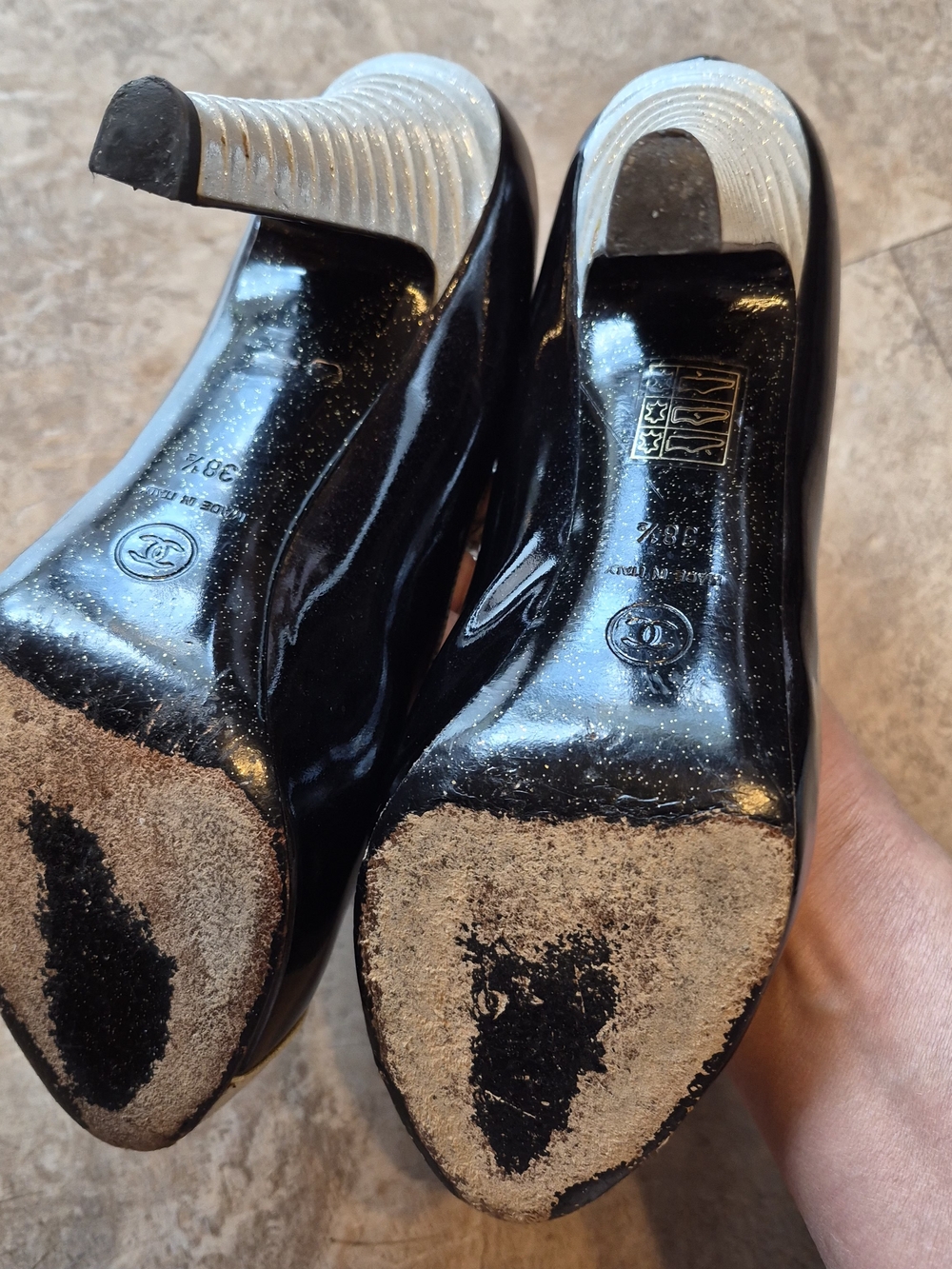 CHANEL Black Patent Pumps with Gold Cap Toe - Picture 10 of 10